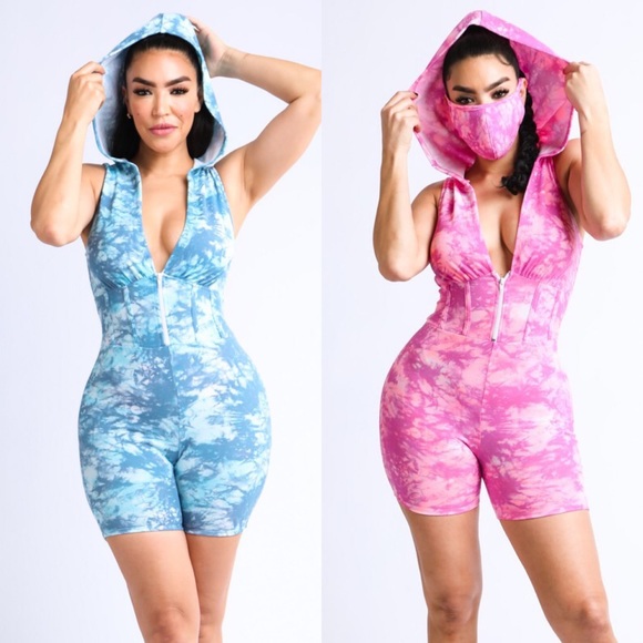 Blue-Hooded Tie Dye Romper / Mask Set - Picture 1 of 5